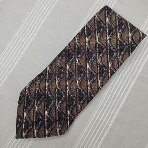 Evan Picone 100% Silk Mens Tie Necktie Blue Brown Geometric Waves Classic Length